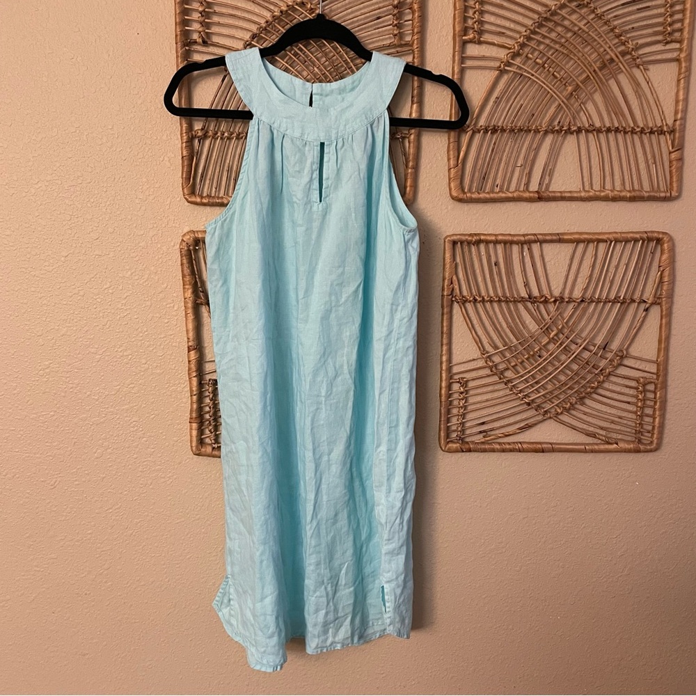 St. Tropez West 100% Linen‎ Keyhole Dress Soft Teal Beachy Coastal Women's S B33